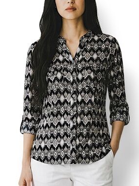 4/$20 Carol Rose Black Gray Geometric Print 3/4 Sleeve Blouse Small